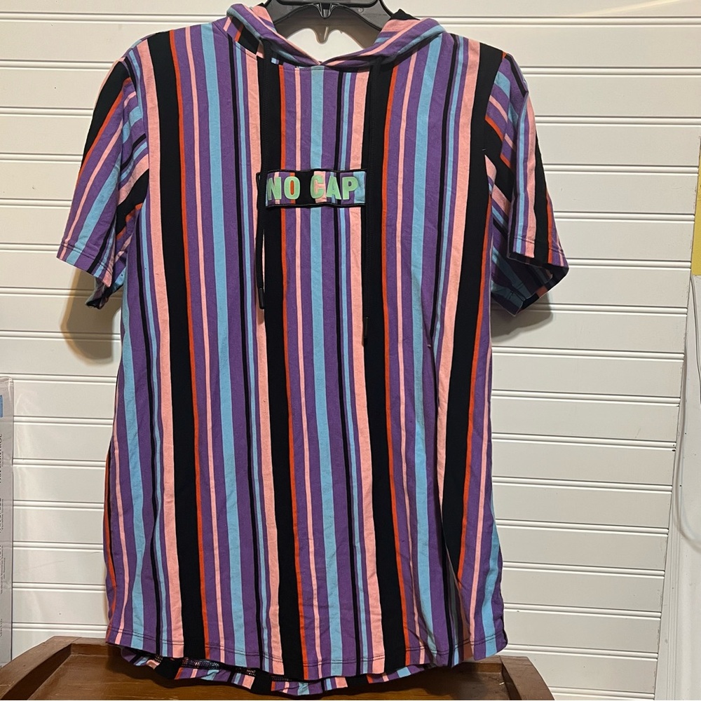For the People No Cap Striped Hooded Short Sleeve Tee Size Small